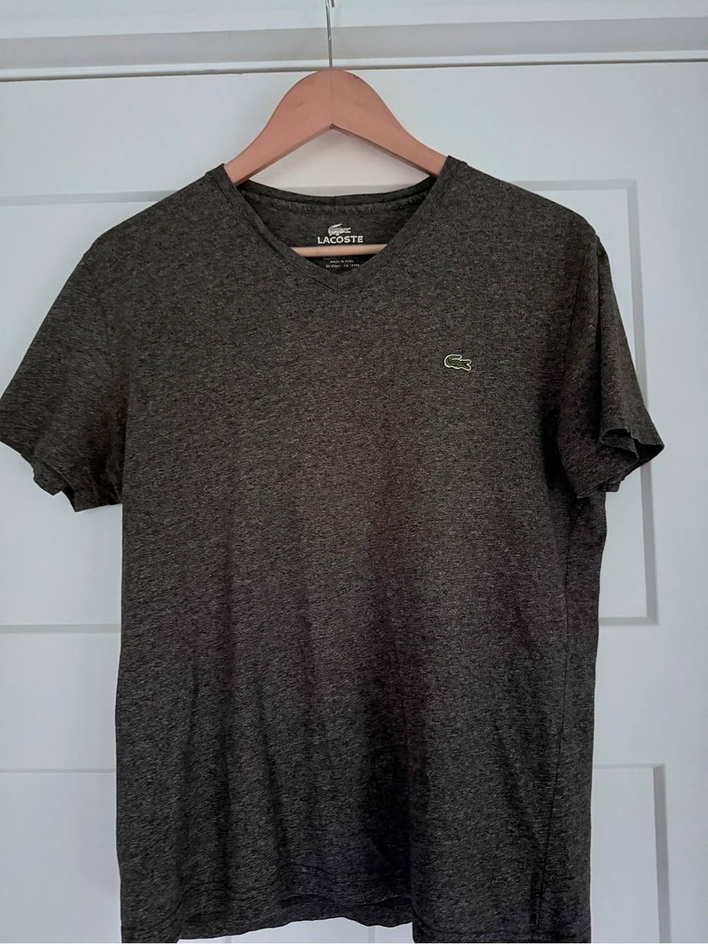 Lacoste Men's Dark Charcoal V-Neck Tee with Green Croc